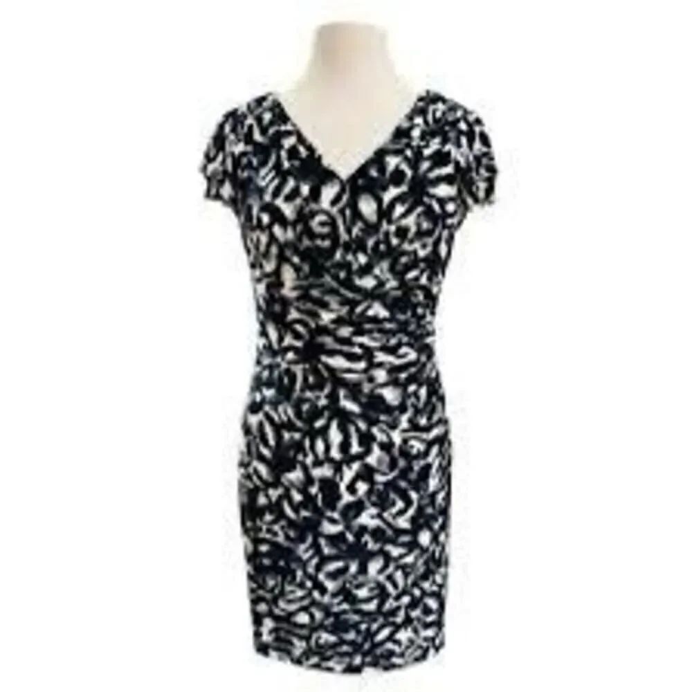 Ralph Lauren Womens 10 Ruffle Sleeve V-Neck Sheath Dress Blue Black Floral Swirl
